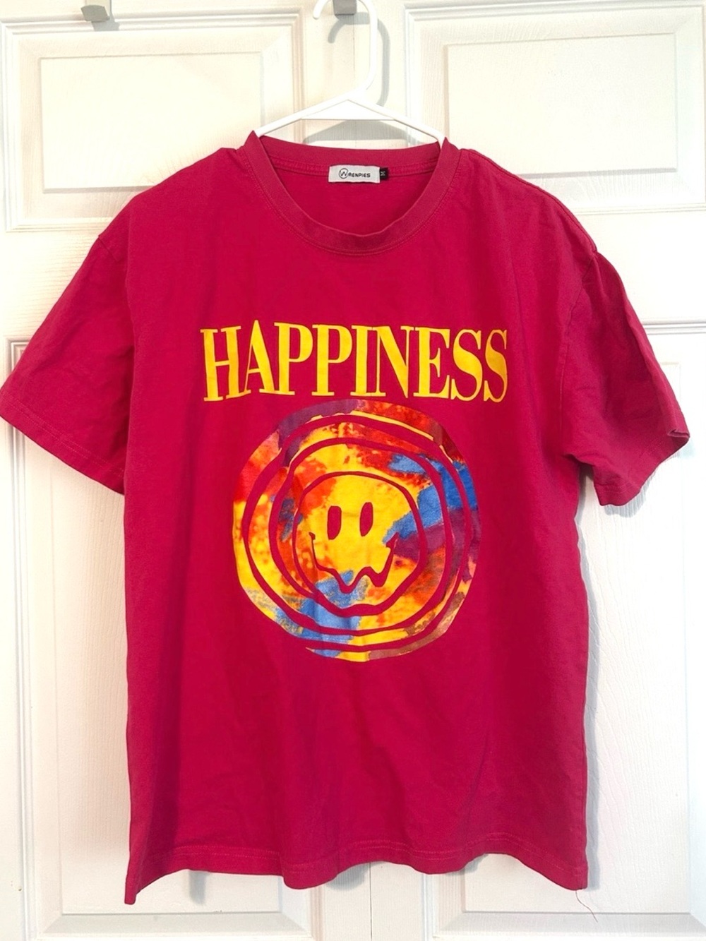4 for $25!  Happiness Graphic Tee in Bright Pink with Yellow Logo